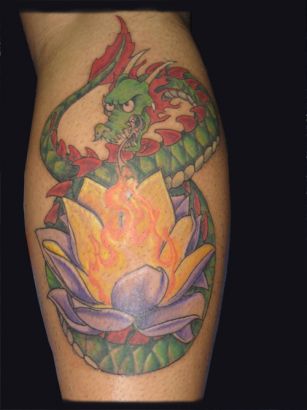 Lotus And Dragon Tat On Leg